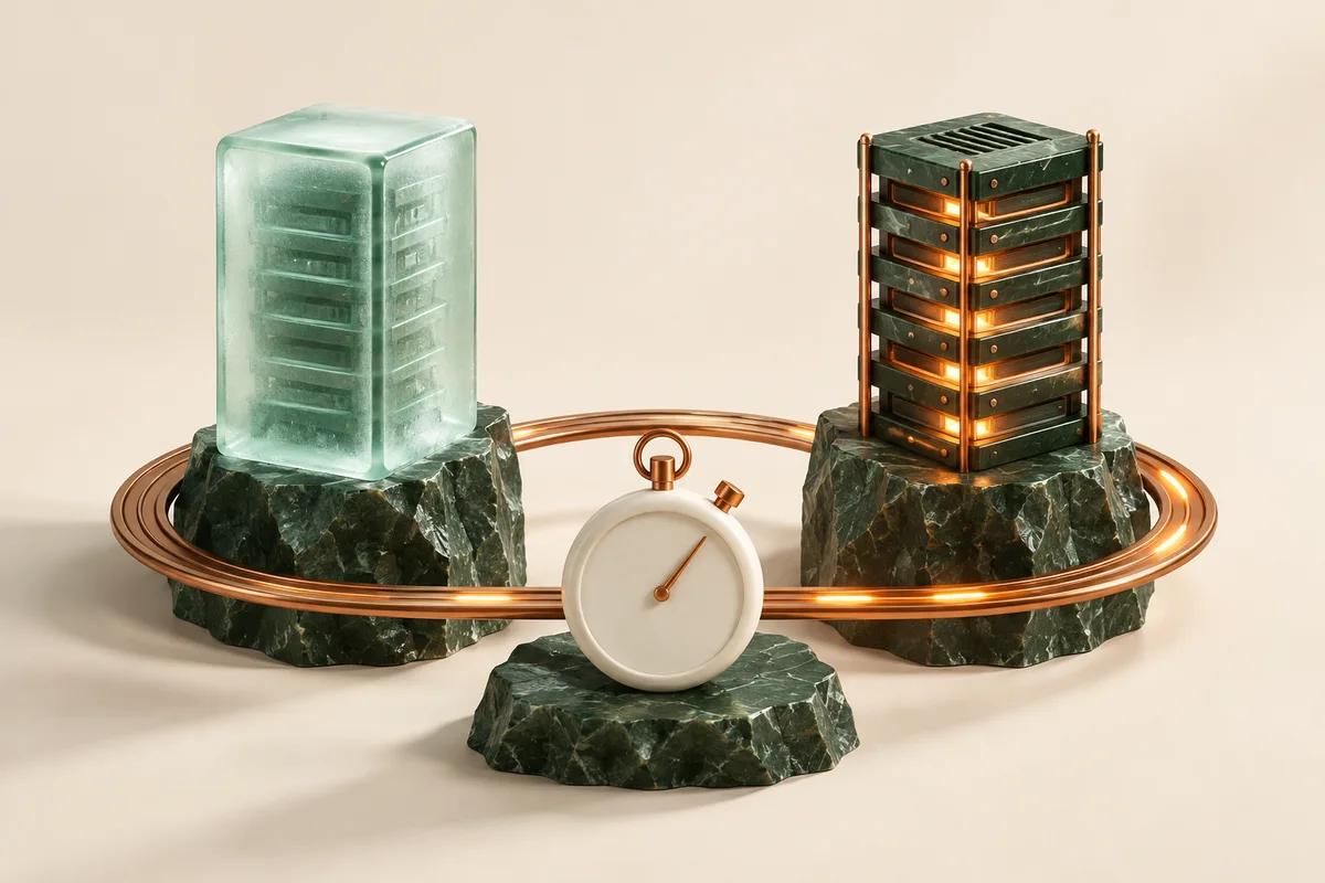 Cold and warm compute towers connected by a copper timing track.