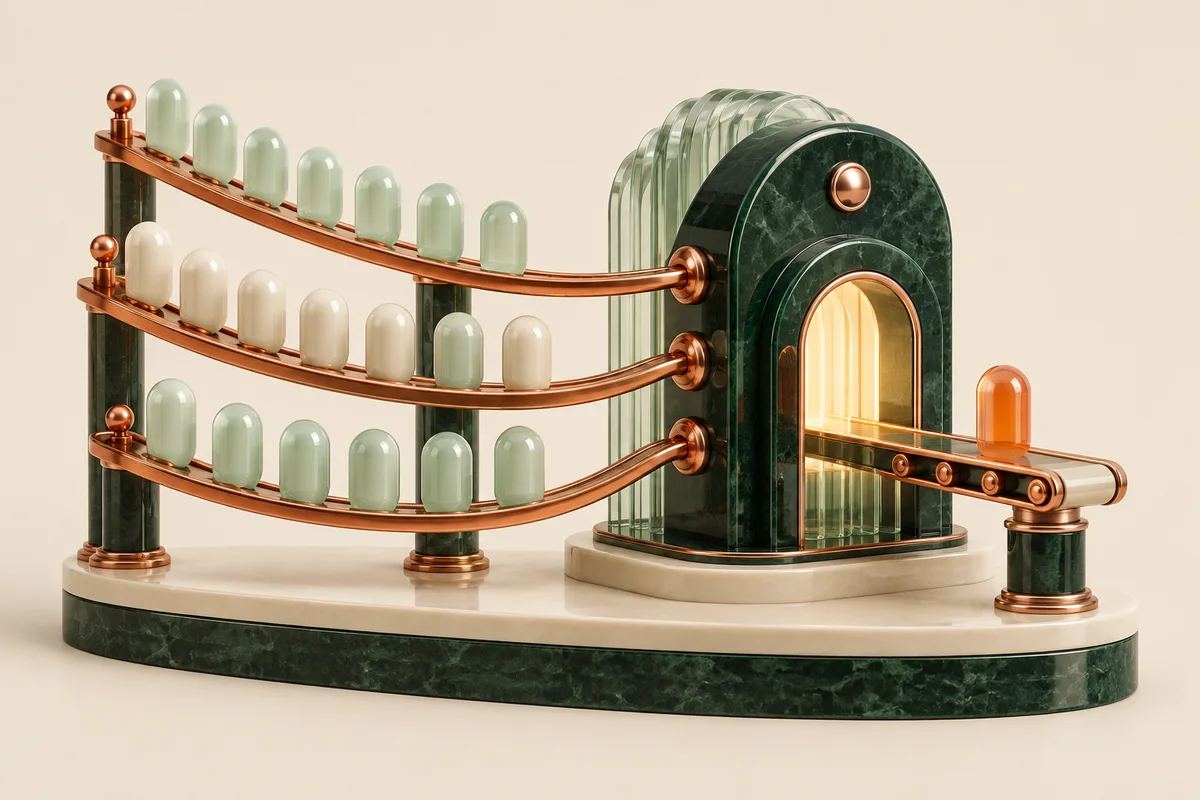 Ordered request capsules entering a shared processor through copper queue tracks.