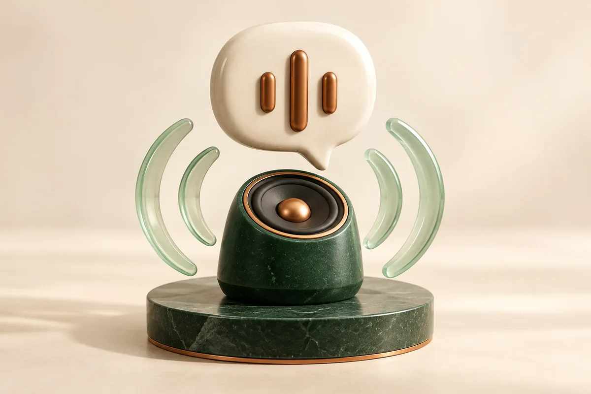 An ivory speech bubble floating above a forest-green speaker.