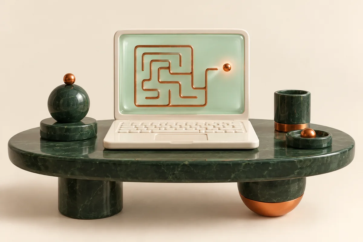 A ceramic laptop showing an unfinished copper reasoning maze.