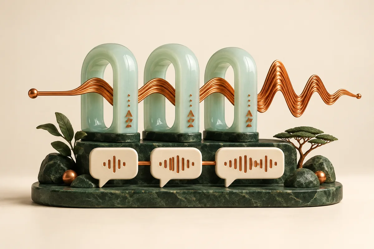 A copper waveform flowing through three mint arches and speech tiles.