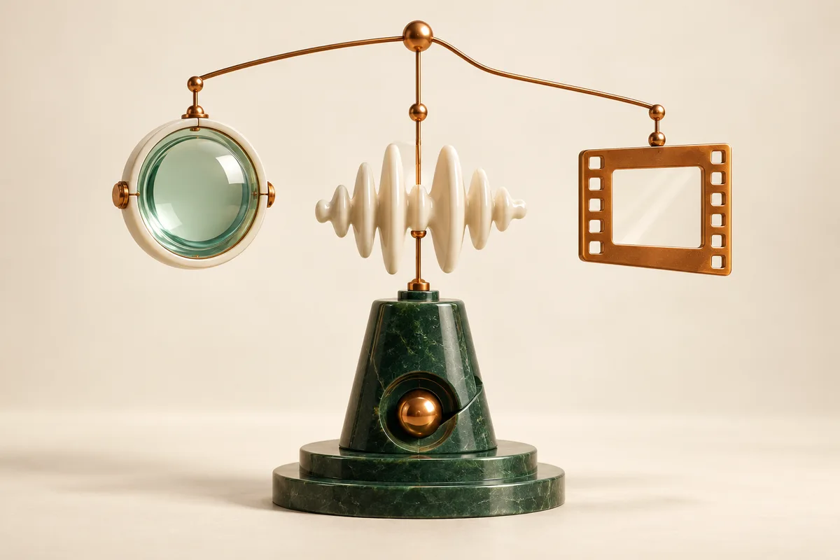 A lens, waveform and film frame balanced above one compute pedestal.