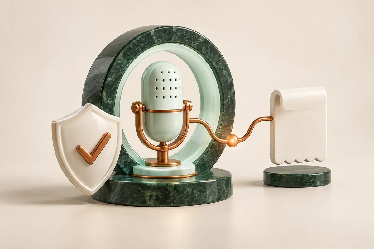 A microphone passing through a verification gate beside a shield and receipt.