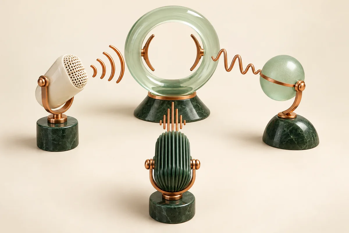 Three sculptural microphones surrounding a shared listening ring.