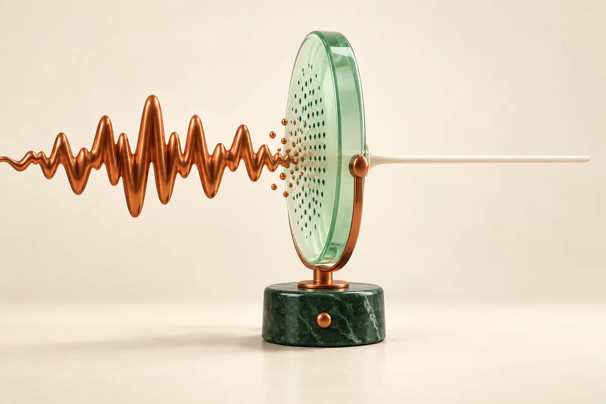 An irregular sound wave passing through an acoustic filter into a quiet line.